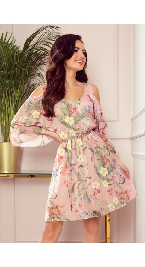 Marina sommerlig let kjole med blomster Numoco 292, lange ærmer luftig skørt knæ lang