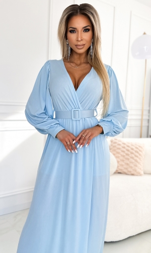 Fiorella kjole baby blue lang med ærmer og bælte