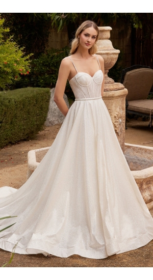 Brudekjole med corsage og glitter i skørt