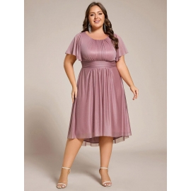   Blå eller rosa knæ lang festkjole med ærme plussize fra Bridalstore 