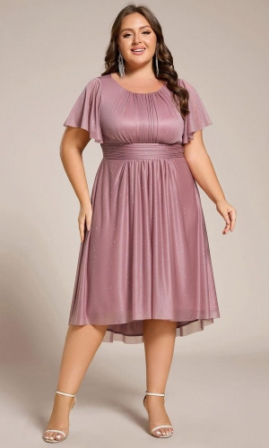   Forførende kjole Blå eller rosa knæ lang festkjole med ærme plussize fra Bridalstore 