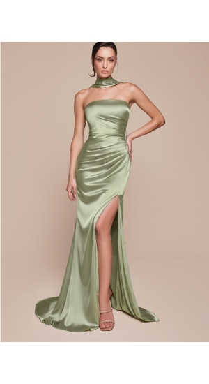 Luxus satin festkjole oliven grøn farvet stropløs i mange farver 