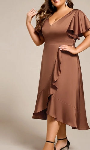   Nora plussize  enkel satin med v ryg og let skørt i flere farver