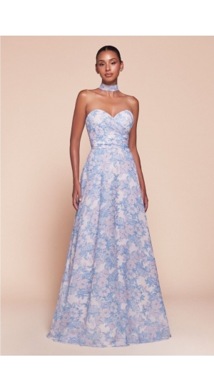   Pastel farvet festkjole blå med blomster 7443