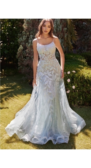 Støv blå kjole med blomster i havfrue stil med slæb   Støv blå kjole med blomster i havfrue stil med slæb