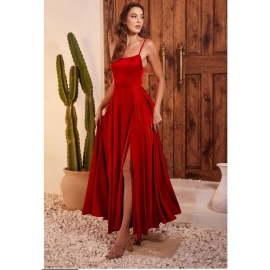 Satin kjole med strop rød festkjole 