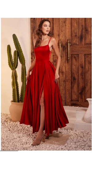 Satin kjole med strop rød festkjole 