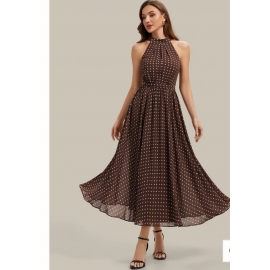 Sommerkjole halterneck i2 farver blå eller brun med polka prikker 