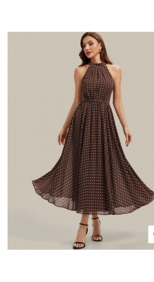 Sommerkjole halterneck i2 farver blå eller brun med polka prikker 