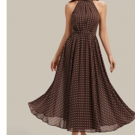 Sommerkjole halterneck i2 farver blå eller brun med polka prikker 