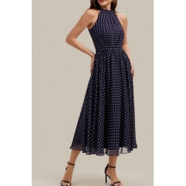 Sommerkjole halterneck i2 farver blå eller brun med polka prikker 