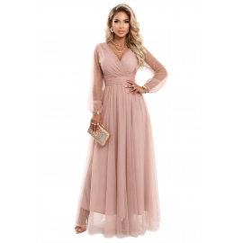 Numoco Charlotte kjole lang med ærmer og tyl, i beige rosa eller blå fra Bridalstore
