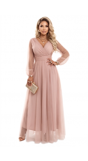 Numoco Charlotte kjole lang med ærmer og tyl, i beige rosa eller blå fra Bridalstore