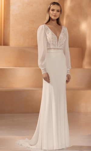 Brudetop i blonde og chiffon med lange ærmer E425 | bridalstore.dk
