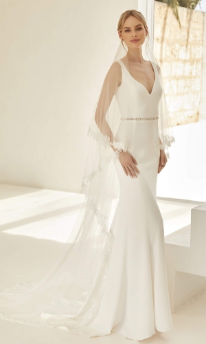Brudeslør S427 i to lag med paillet- og perlebroderet blondekant 220/80 cm | bridalstore.dk