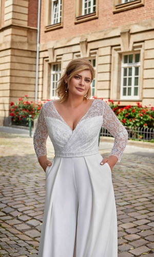 Buksedragt til plus size hvid brudebuksedragt