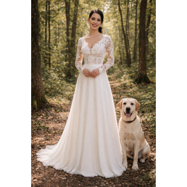   Lange ærmer blonder brudekjole i dyb champagne farve 