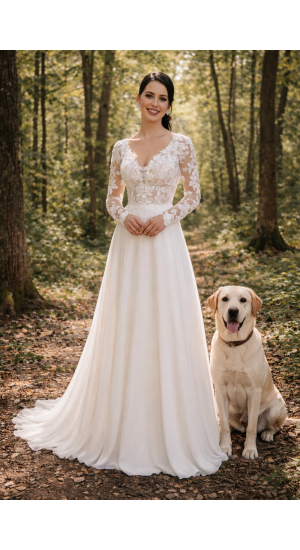   Lange ærmer blonder brudekjole i dyb champagne farve 