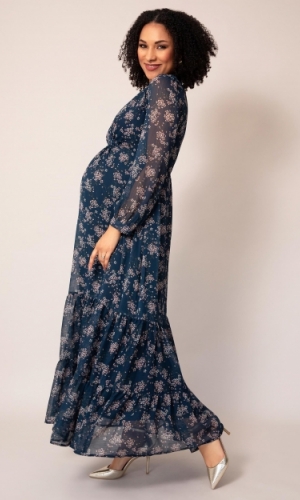 Graviditets festkjole Bella marineblåt blomsterprint | bridalstore.dk