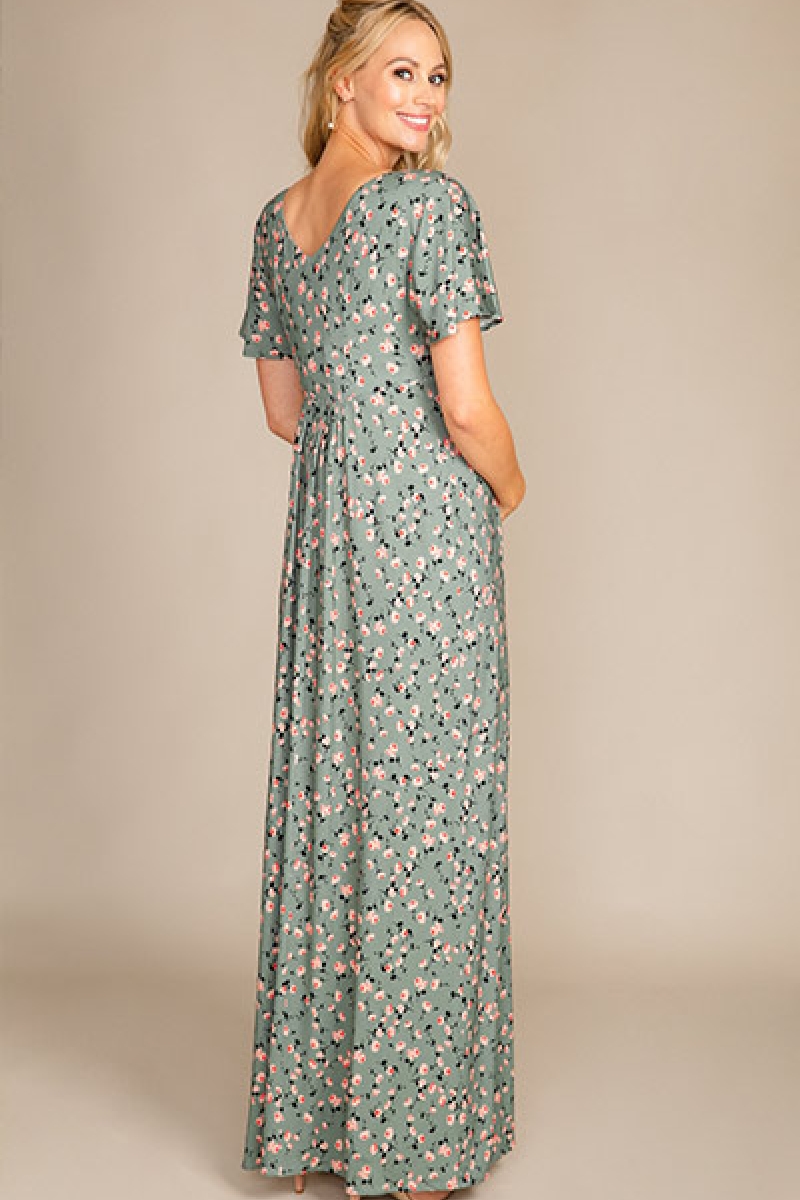 Graviditets festkjole Kimono olivengrønt blomsterprint | bridalstore.dk