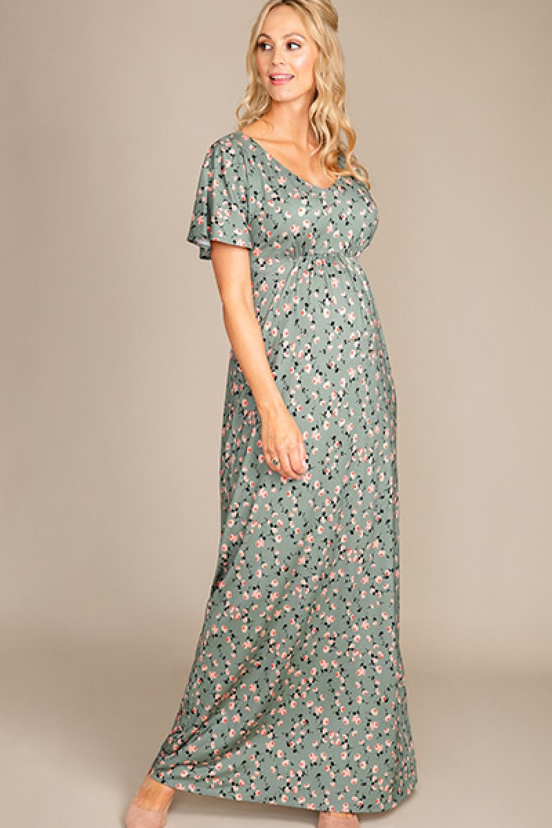 Graviditets festkjole Kimono olivengrønt blomsterprint | bridalstore.dk