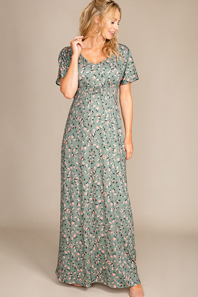 Graviditets festkjole Kimono olivengrønt blomsterprint | bridalstore.dk