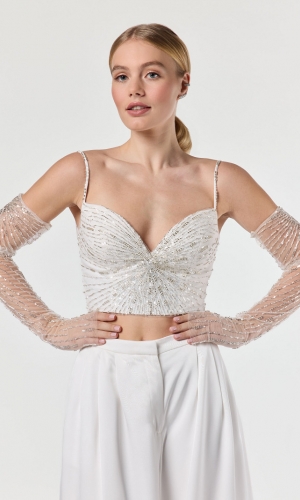 Handske Long Fingerless Joy ivory/silver | bridalstore.dk