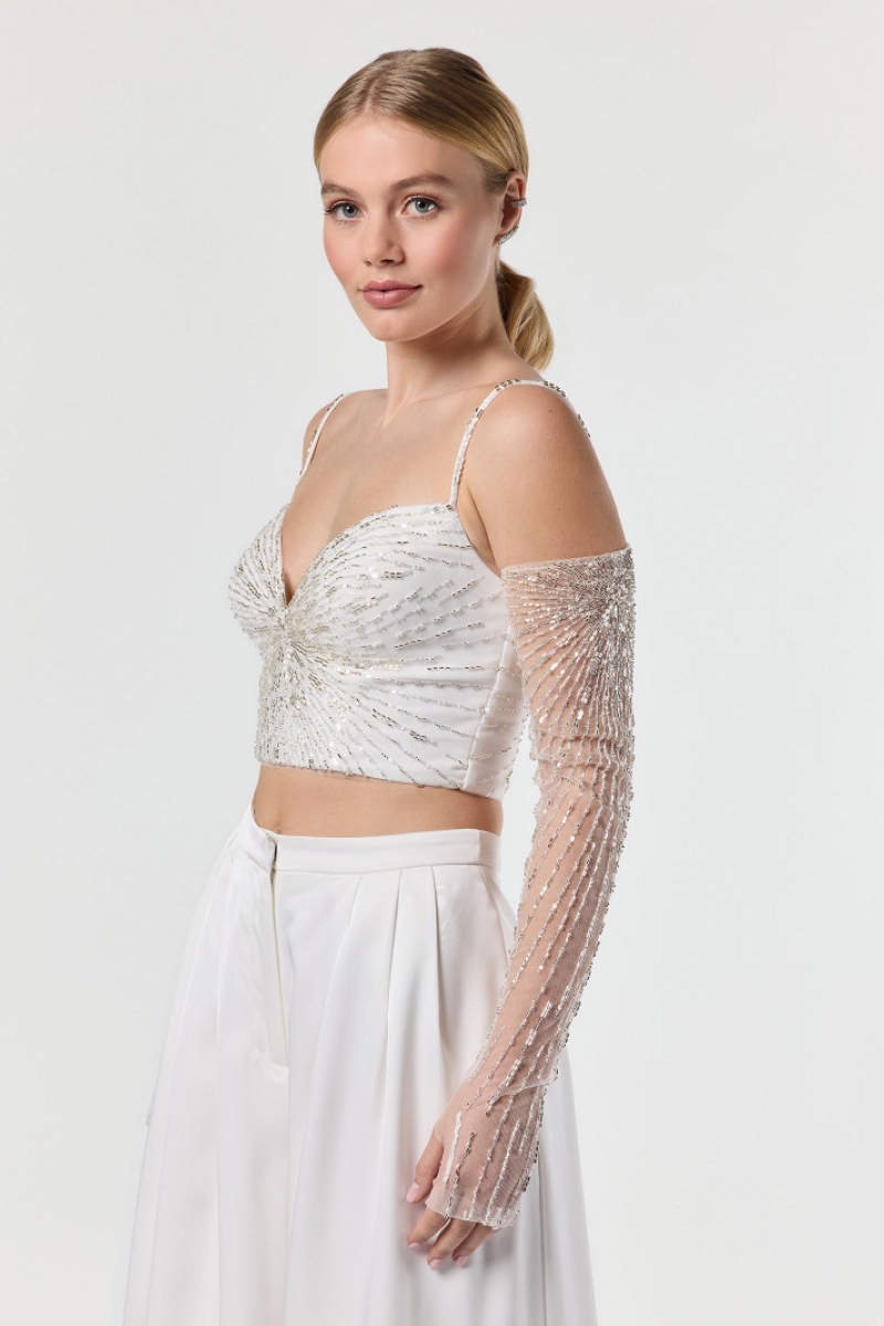 Handske Long Fingerless Joy ivory/silver | bridalstore.dk