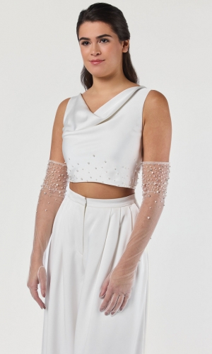 Handske Long Tulle ivory/silver | bridalstore.dk