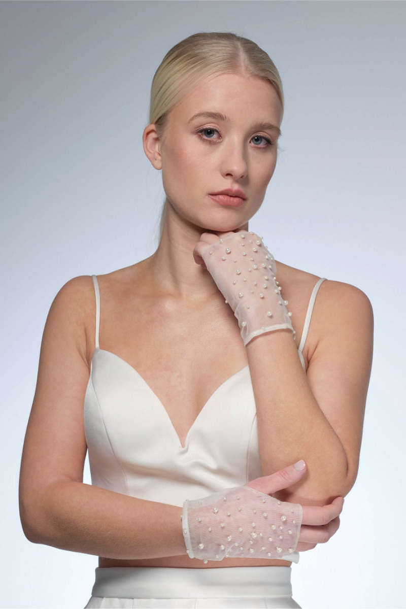 Handske pearls 15cm ivory | bridalstore.dk