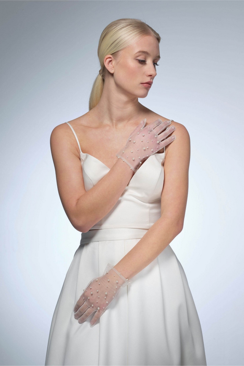 Handske pearls 24cm ivory | bridalstore.dk