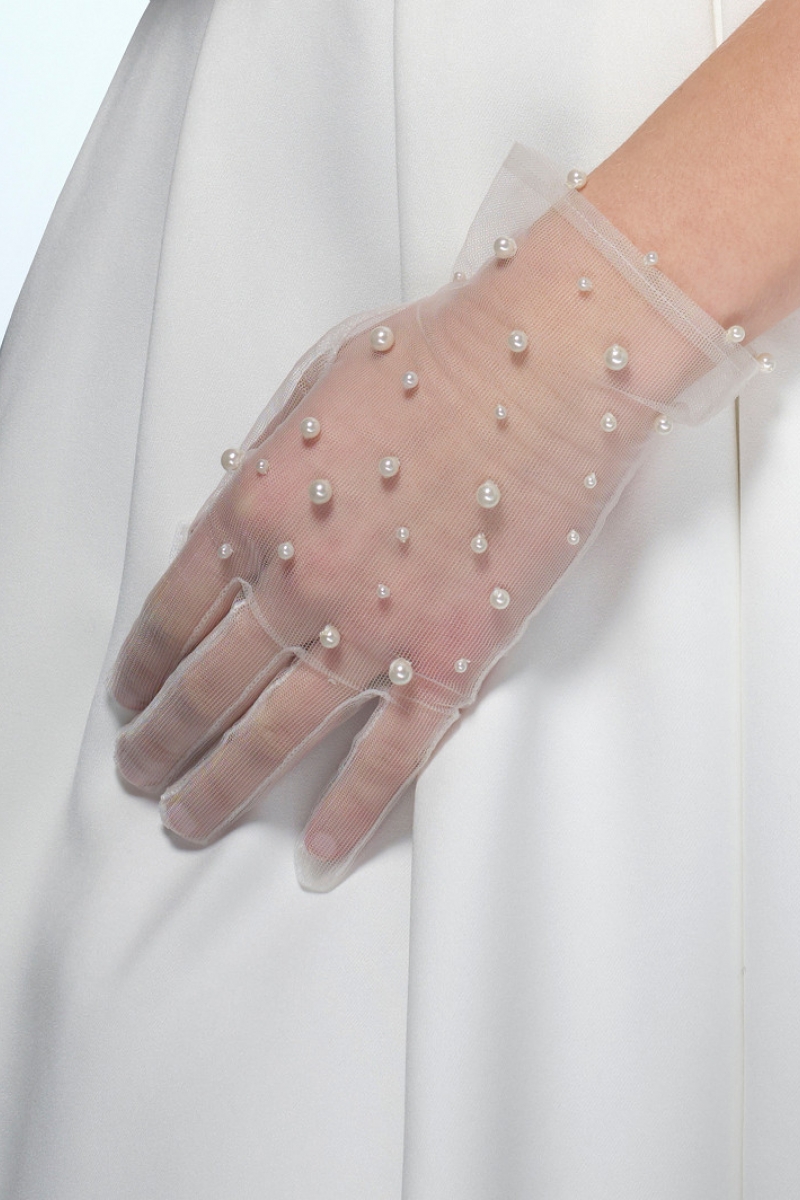 Handske pearls 24cm ivory | bridalstore.dk