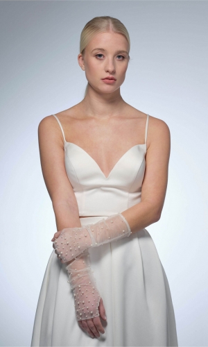 Handske pearls 30cm ivory | bridalstore.dk