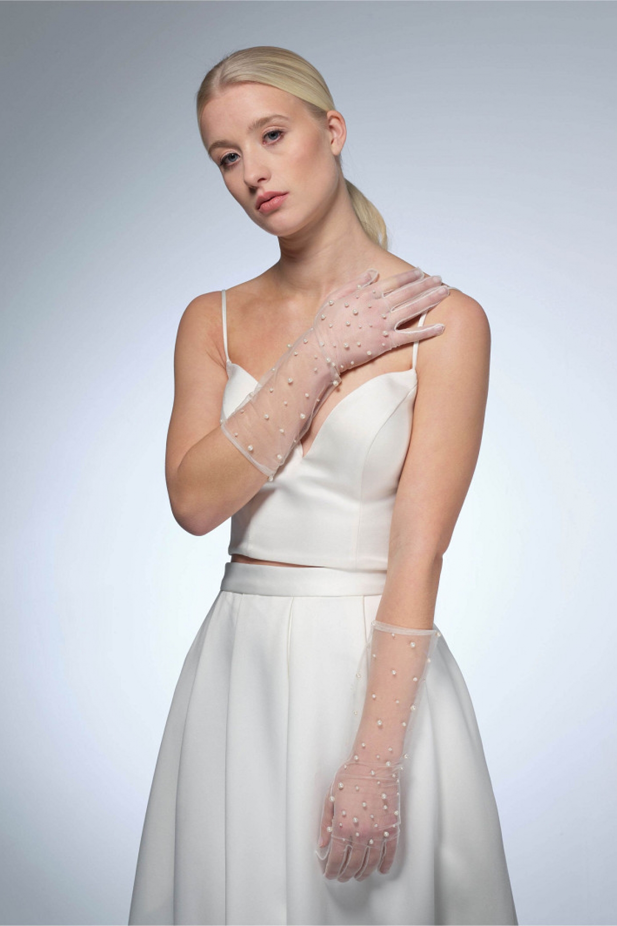 Handske pearls 40cm ivory | bridalstore.dk