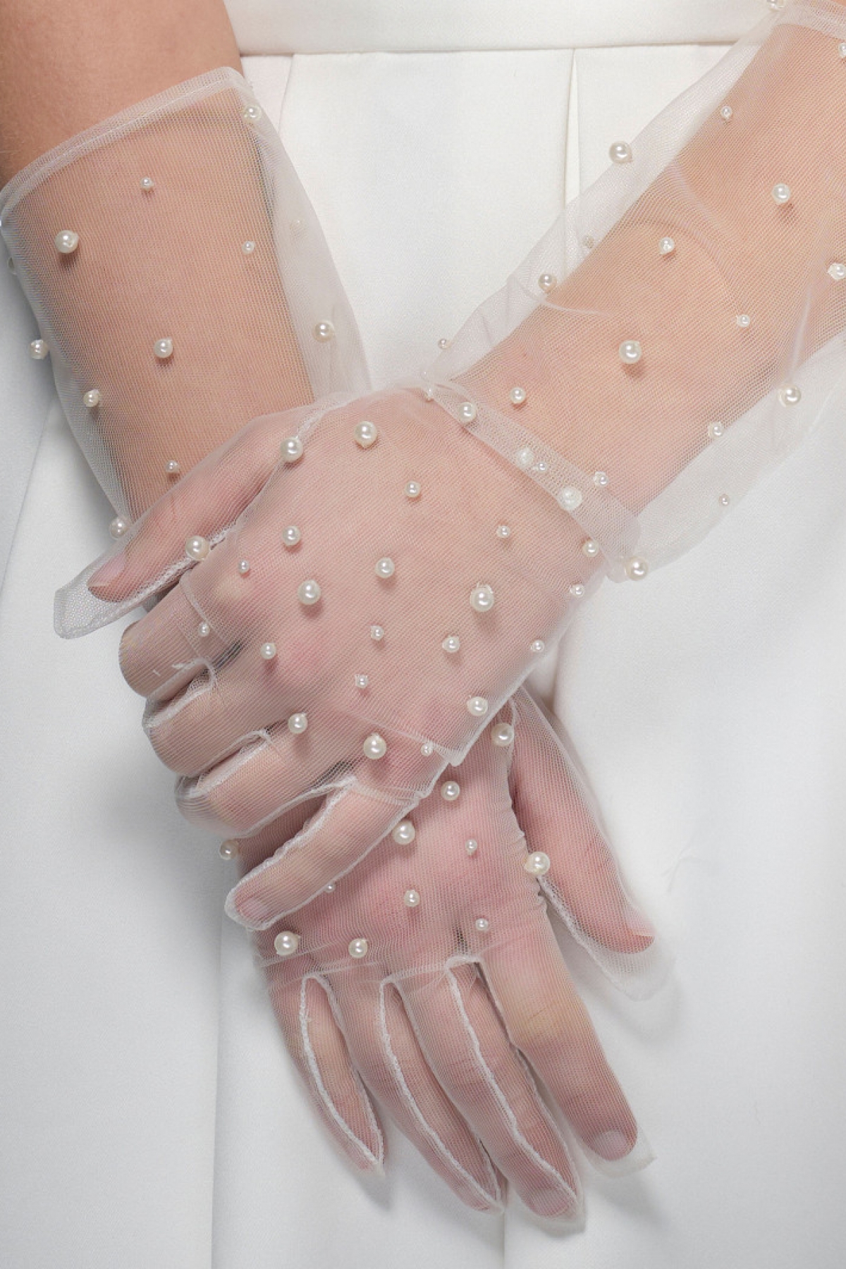 Handske pearls 40cm ivory | bridalstore.dk