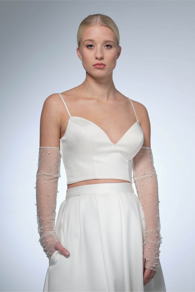 Handske pearls 55cm ivory | bridalstore.dk