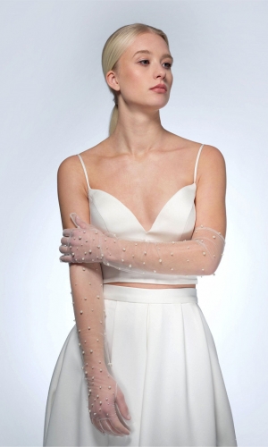 Handske pearls 60cm ivory | bridalstore.dk