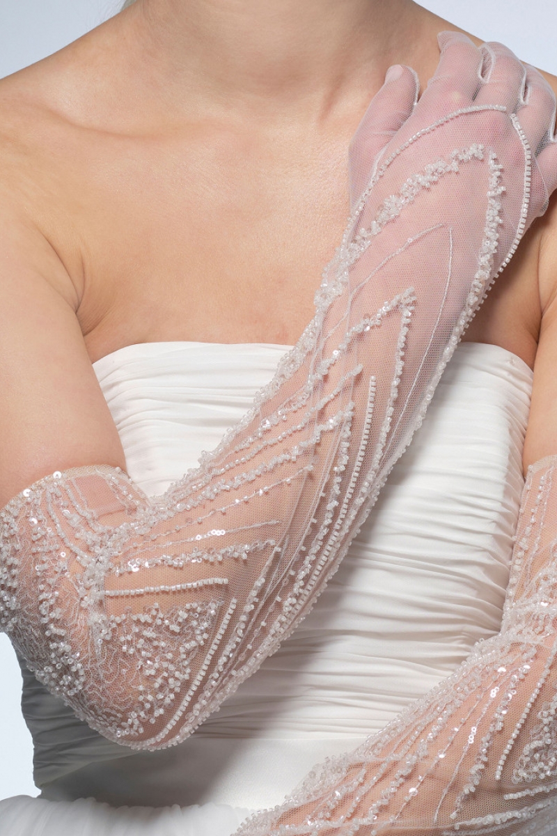 Handske Sequins 60cm ivory | bridalstore.dk