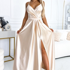 JULIET satin lang kjole i beige