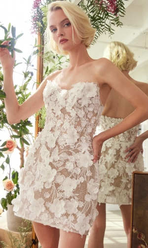 Kort hvid brudekjole WL085 i blonde med nude underkjole | bridalstore.dk