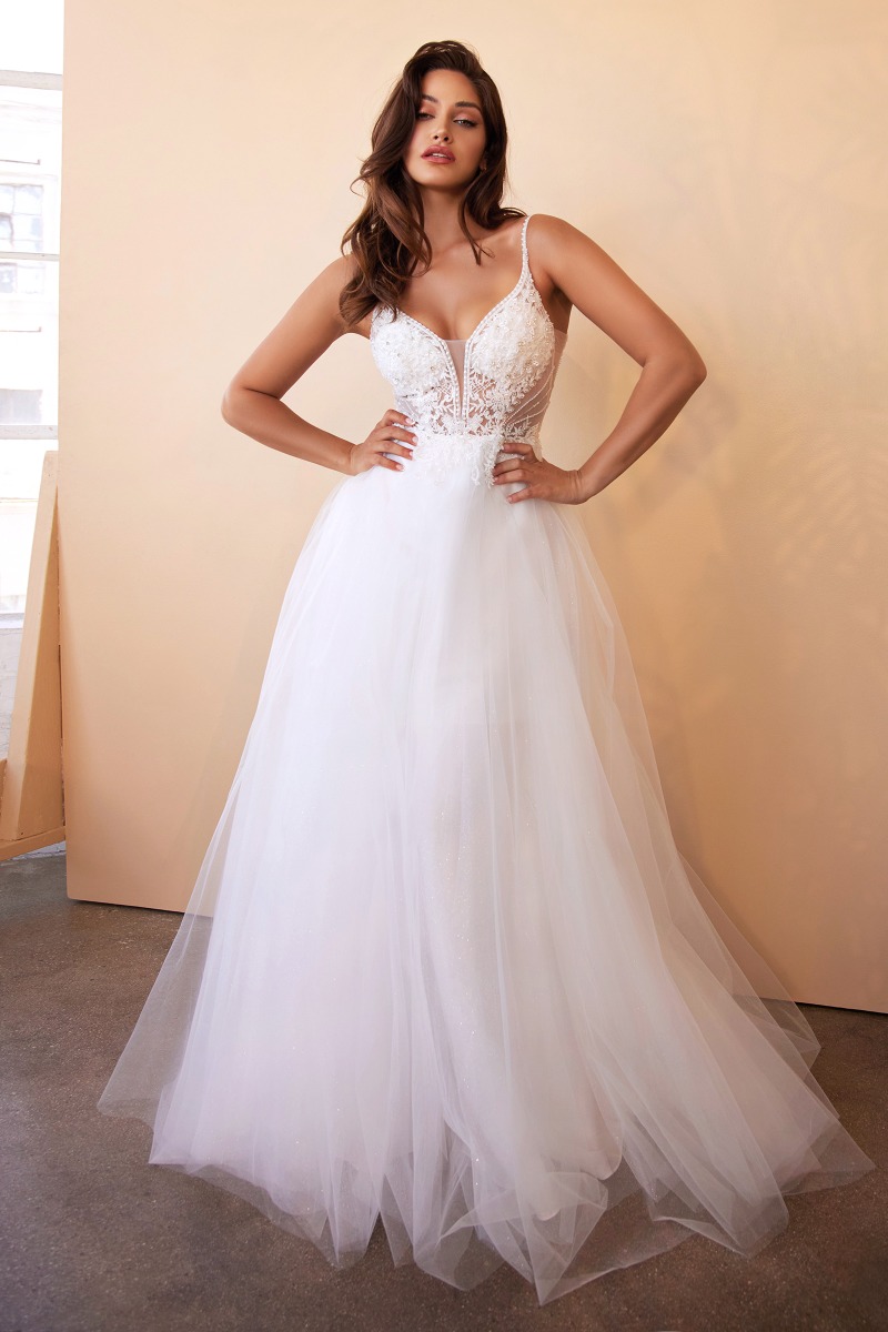 Lang brudekjole CD0195W i tyl med blonde på overdel | bridalstore.dk