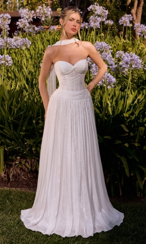 Lang brudekjole CD414W i glimmerstof med plisseret skørt | bridalstore.dk