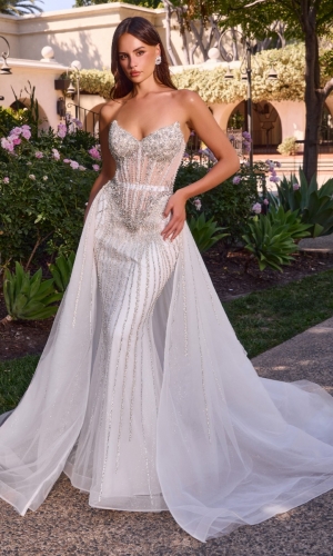 Lang brudekjole CD643W i perlebroderi med aftageligt tyl overskørt | bridalstore.dk
