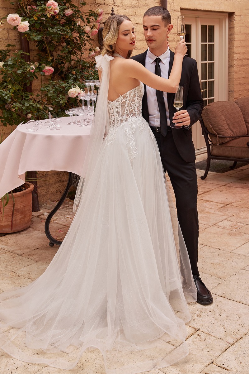 Lang brudekjole CD827W i tyl med pufærmer og slids | bridalstore.dk