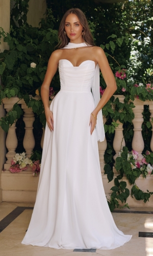 Lang brudekjole T703W i chiffon med blødt fald | bridalstore.dk