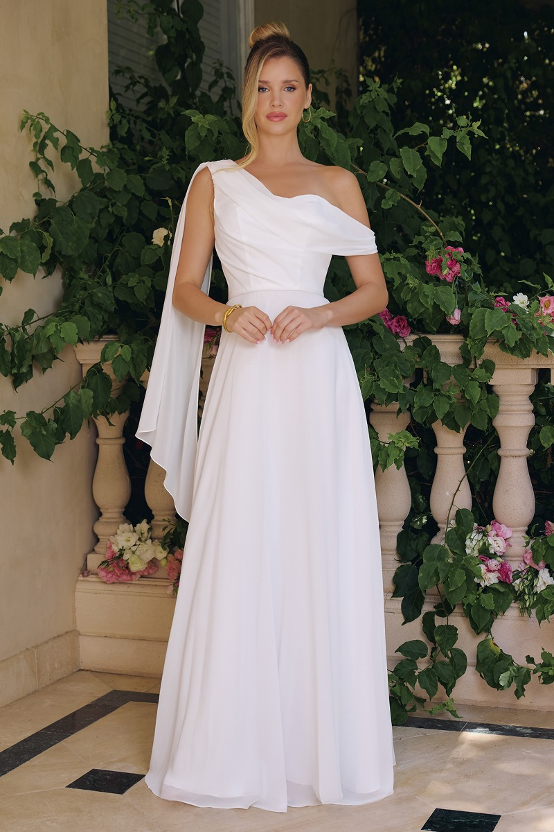 Lang brudekjole T716W i crepe med draperet | bridalstore.dk
