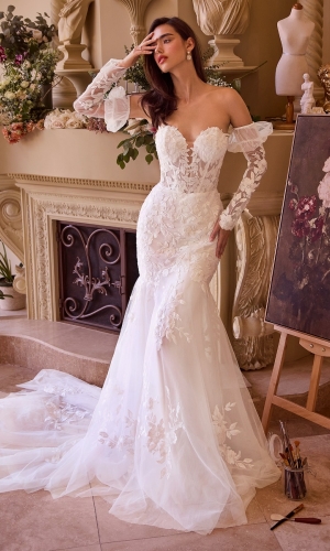 Lang brudekjole WL033 i blonde med langt slæb | bridalstore.dk