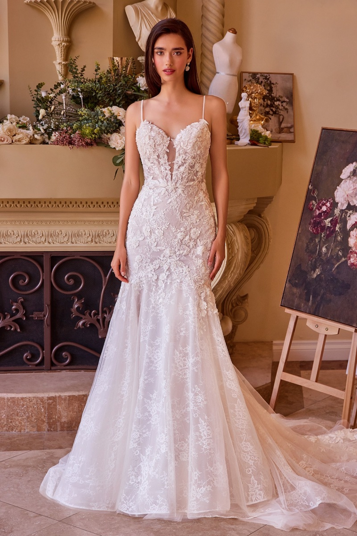 Lang brudekjole WL051 i blonde med blomsterbroderi | bridalstore.dk