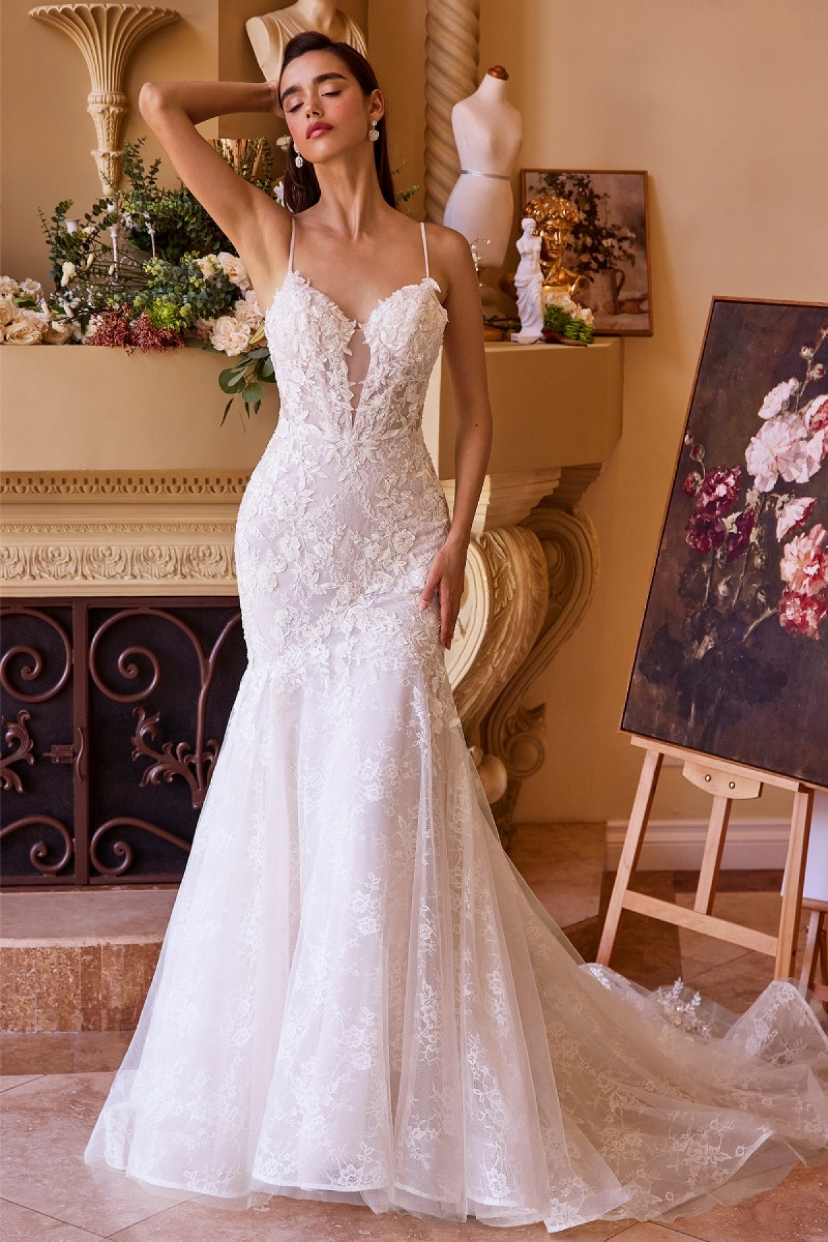 Lang brudekjole WL051 i blonde med blomsterbroderi | bridalstore.dk