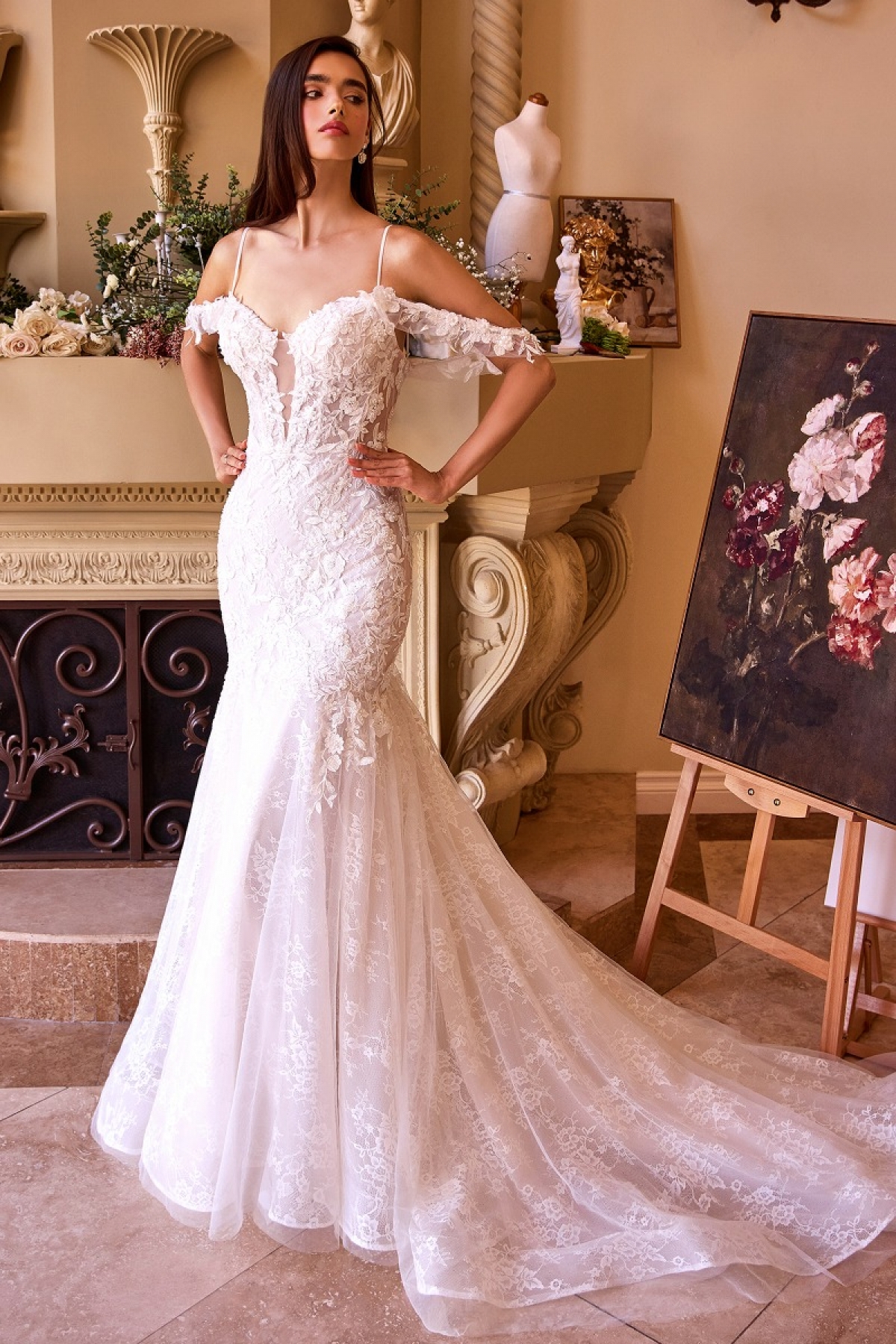 Lang brudekjole WL051 i blonde med blomsterbroderi | bridalstore.dk